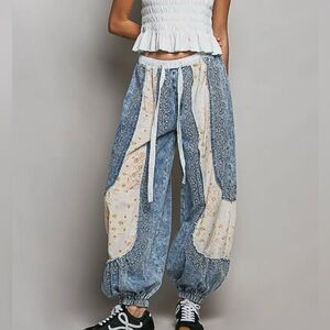 NEW POL 3/16 : “The Dana”Patchwork Pants in Light Blue Denim and Cream